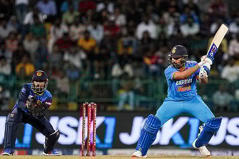 Rohit Sharma plays a shot during the first ODI cricket match against Sri Lanka
